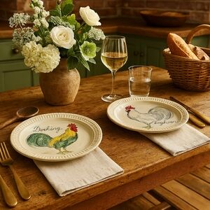 Pottery Barn Rooster Plates – Dorking & Leghorn – Vintage Farmhouse Style – Set